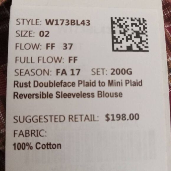 W By Worth Button Up Shirt Women's 2 Rust Plaid Sleeveless Reversible Blouse New - Picture 8 of 8